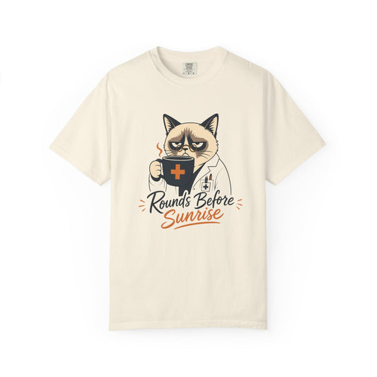 Cat Nurse T-Shirt — "Rounds Before Sunrise" Funny Medical Coffee Tee