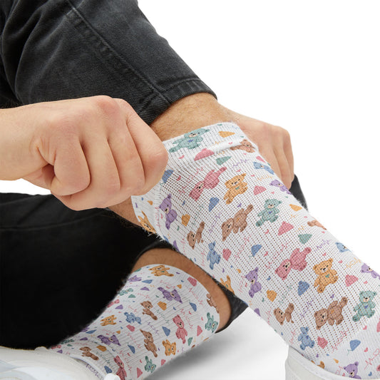 NICU Nurse Crew Socks – Teddy Bear & Heartbeat Line Print, Pastel Rainbow Boho Socks, Neonatal Nurse Gift for Nurses Week & Appreciation