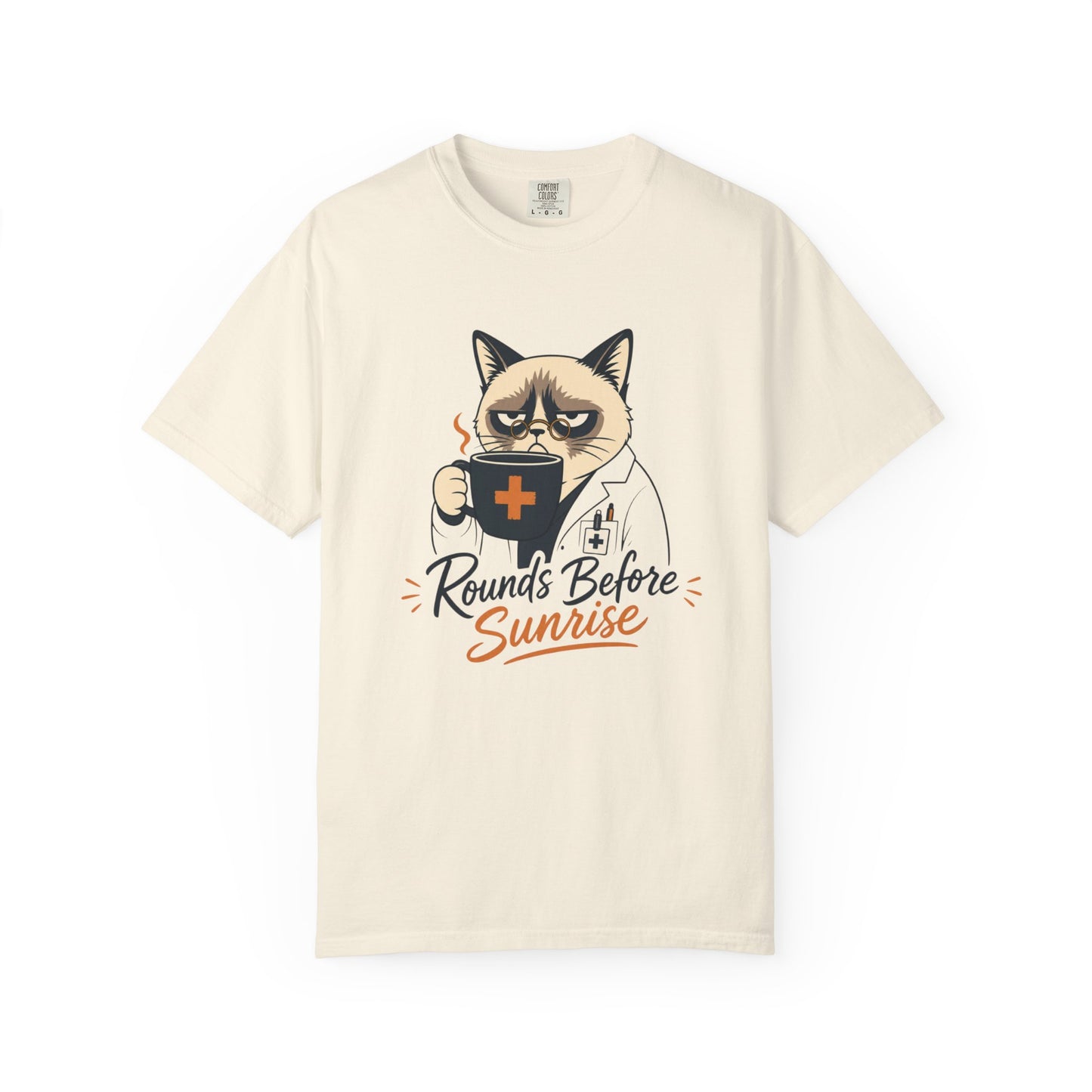 Cat Nurse T-Shirt — "Rounds Before Sunrise" Funny Medical Coffee Tee