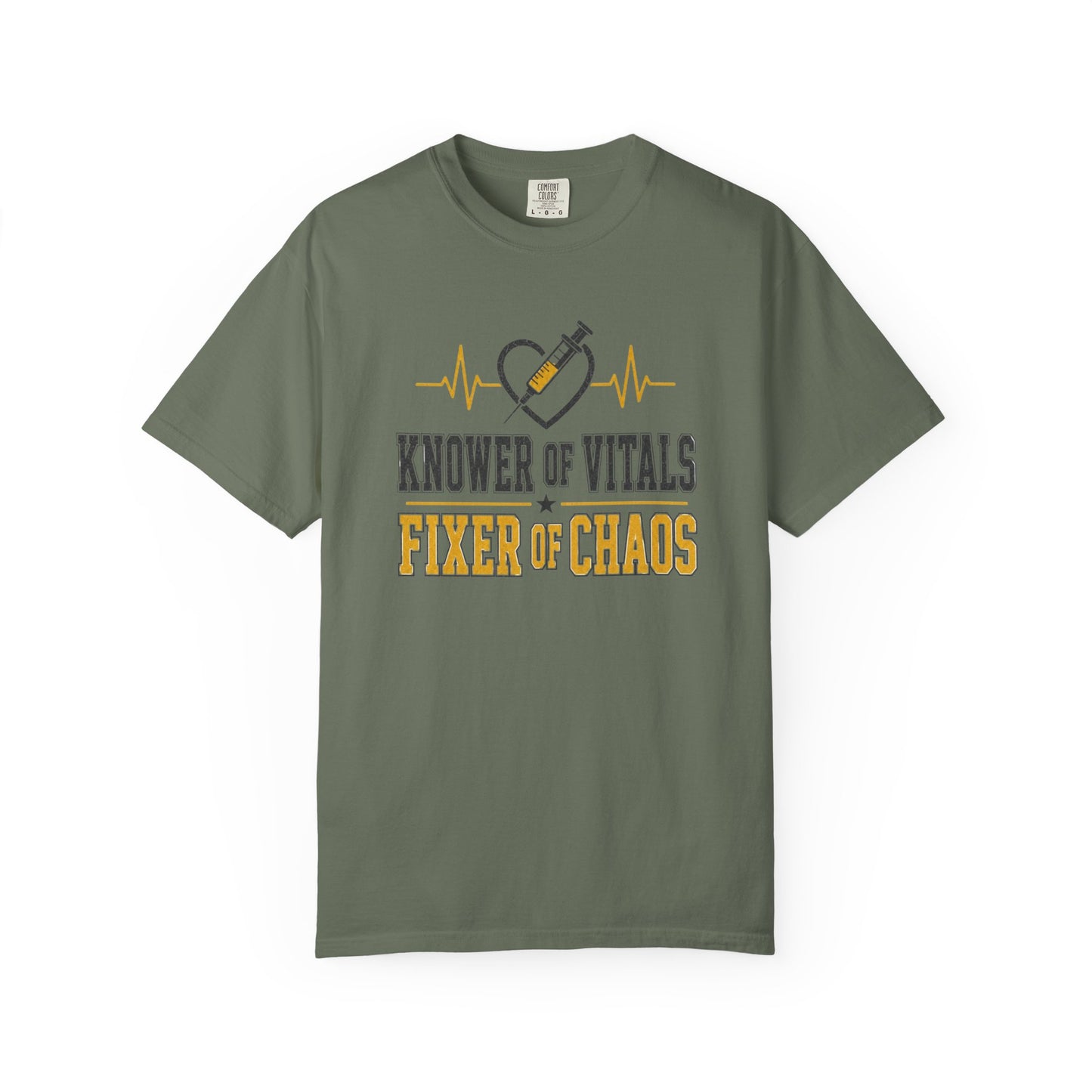 Knower of Vitals, Fixer of Chaos T-Shirt – EMT/Paramedic Heartbeat Tee