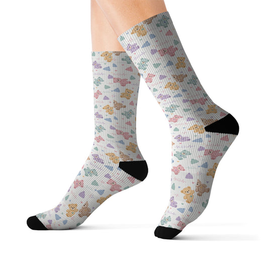 NICU Nurse Crew Socks – Teddy Bear & Heartbeat Line Print, Pastel Rainbow Boho Socks, Neonatal Nurse Gift for Nurses Week & Appreciation