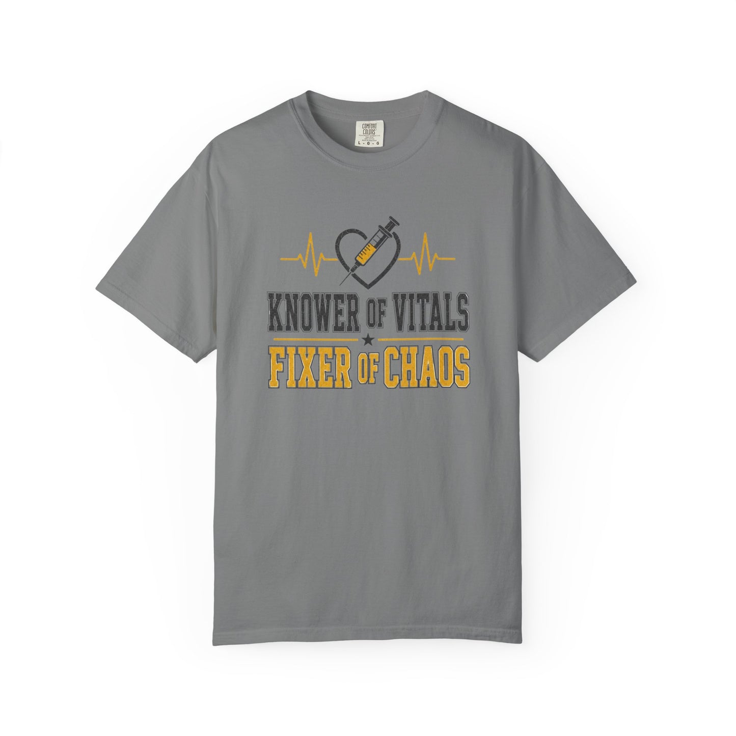 Knower of Vitals, Fixer of Chaos T-Shirt – EMT/Paramedic Heartbeat Tee