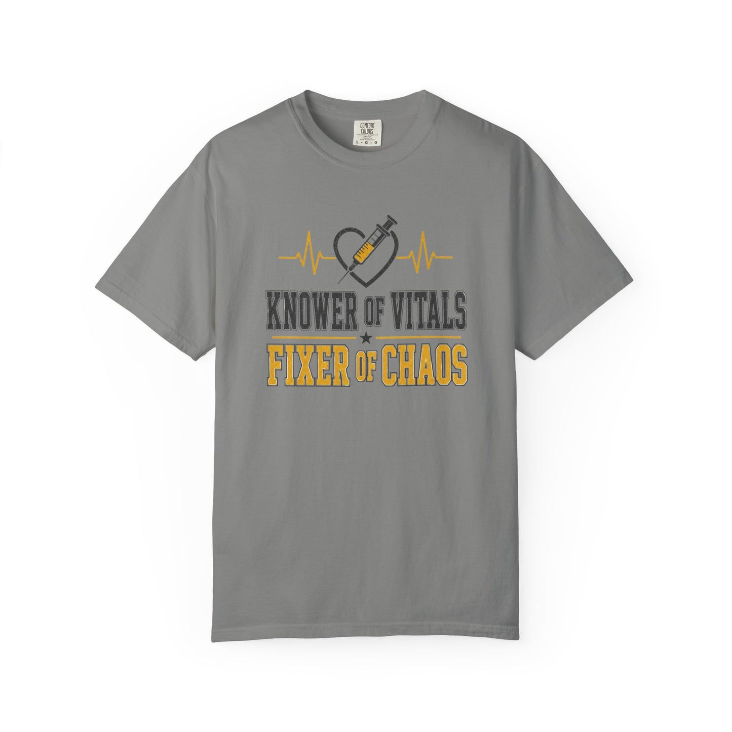 Knower of Vitals, Fixer of Chaos T-Shirt – EMT/Paramedic Heartbeat Tee