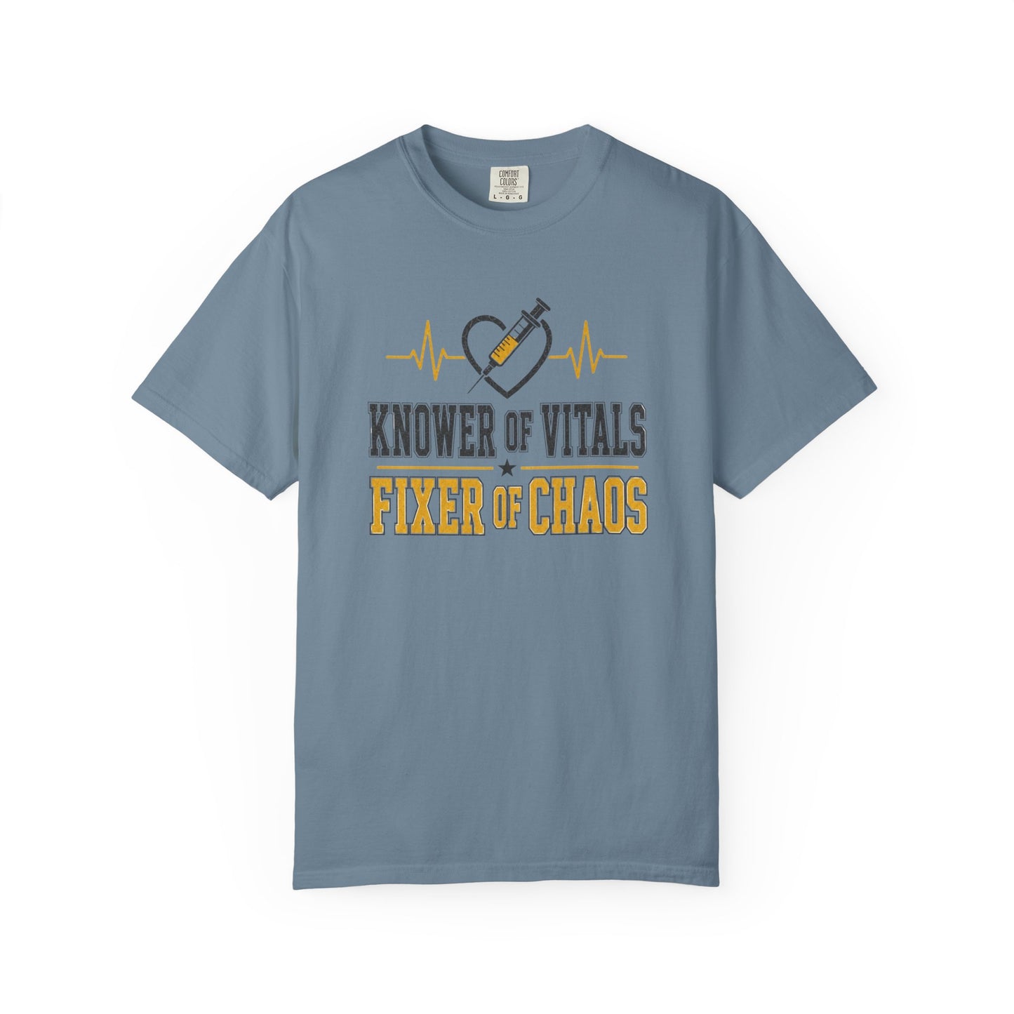 Knower of Vitals, Fixer of Chaos T-Shirt – EMT/Paramedic Heartbeat Tee