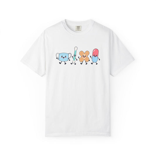 Cute Kawaii Medical Crew T-Shirt — Happy Mask, Qtip, Bandage & Pill Design