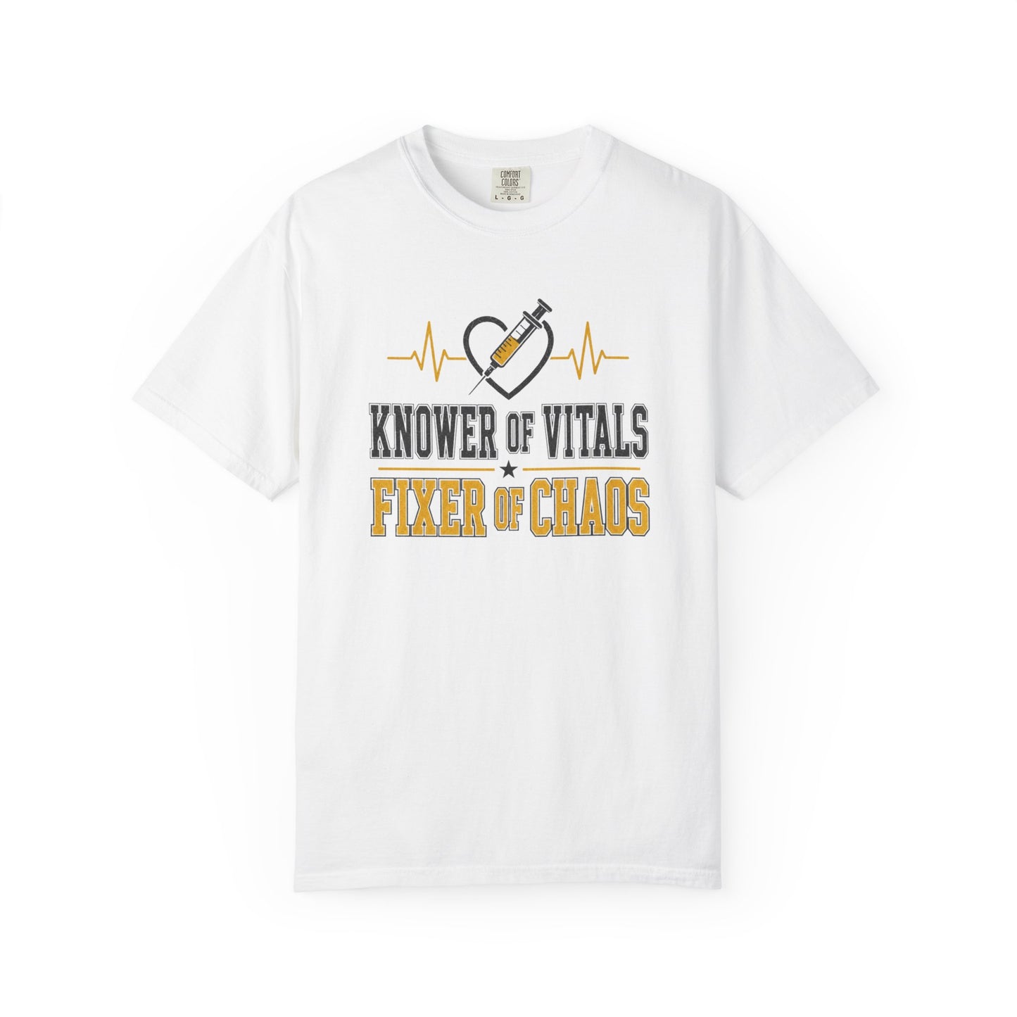 Knower of Vitals, Fixer of Chaos T-Shirt – EMT/Paramedic Heartbeat Tee