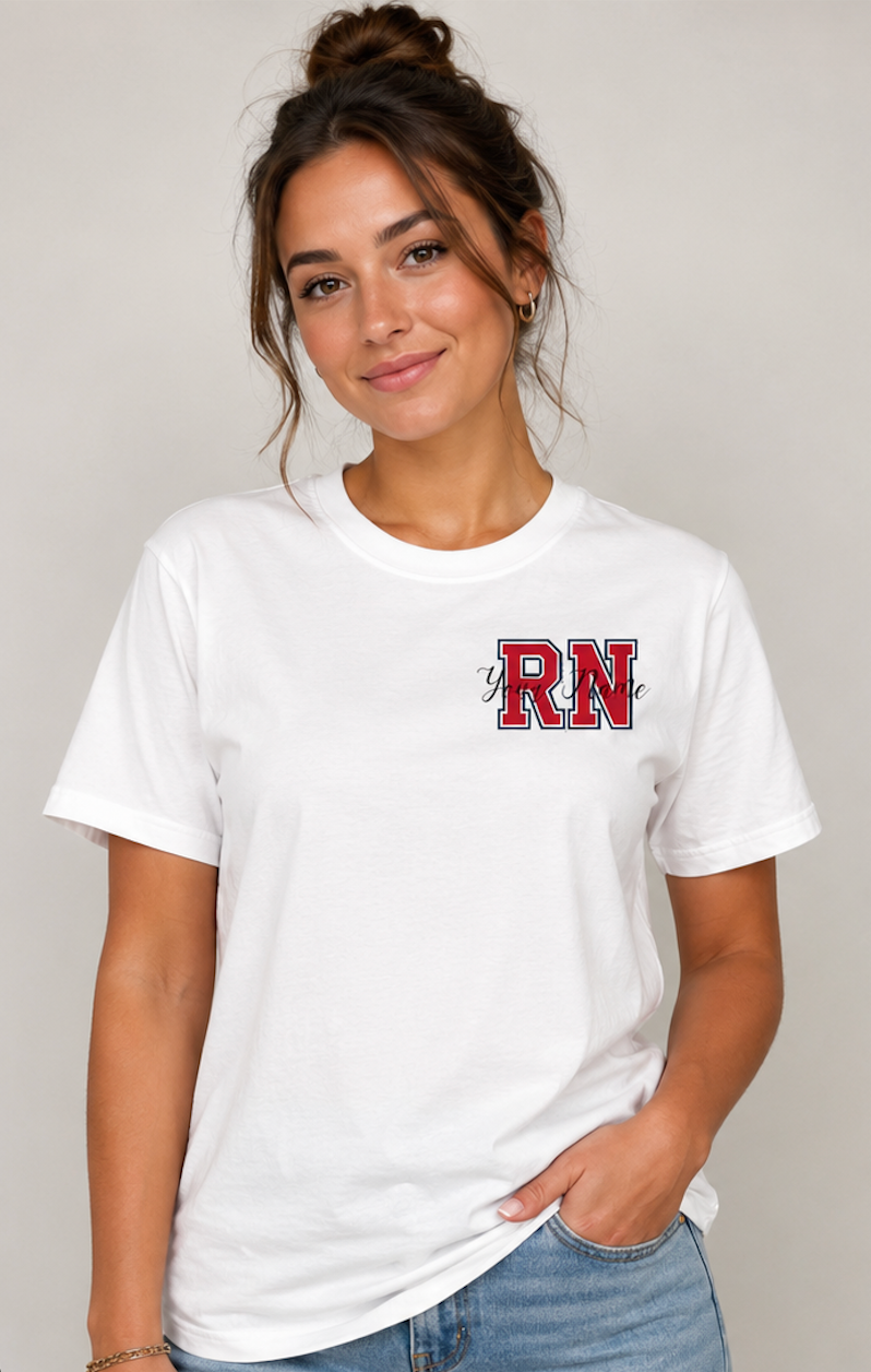 Personalized RN Nurse T-Shirt - Vintage Red Collegiate Letters