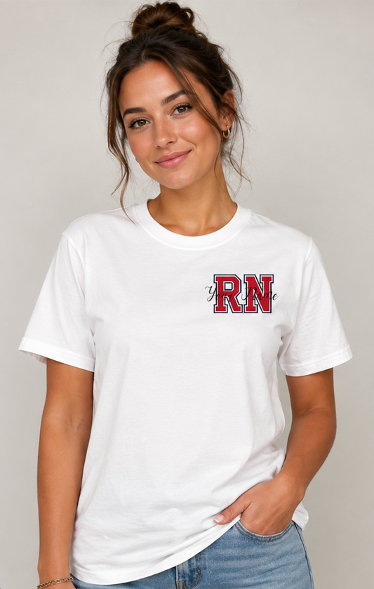 Personalized RN Nurse T-Shirt - Vintage Red Collegiate Letters