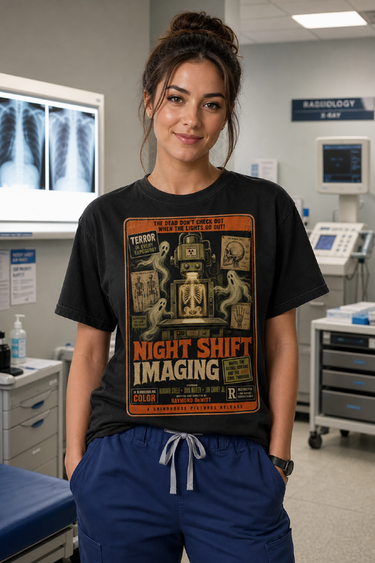 Night Shift Imaging T-Shirt — Retro Horror X-Ray Movie Poster Tee