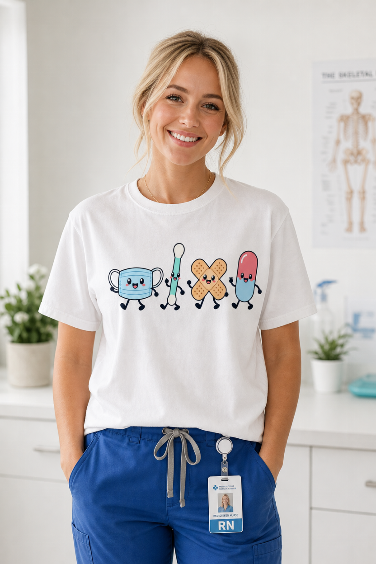 Cute Kawaii Medical Crew T-Shirt — Happy Mask, Qtip, Bandage & Pill Design