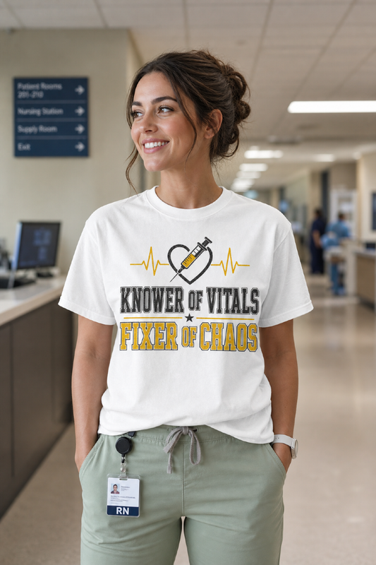 Knower of Vitals, Fixer of Chaos T-Shirt – EMT/Paramedic Heartbeat Tee