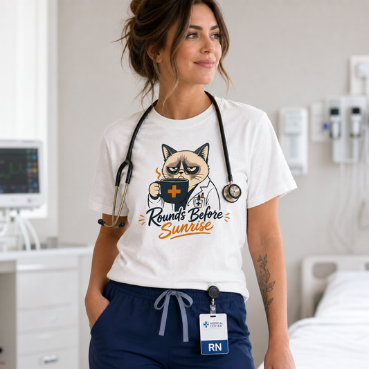 Cat Nurse T-Shirt — "Rounds Before Sunrise" Funny Medical Coffee Tee