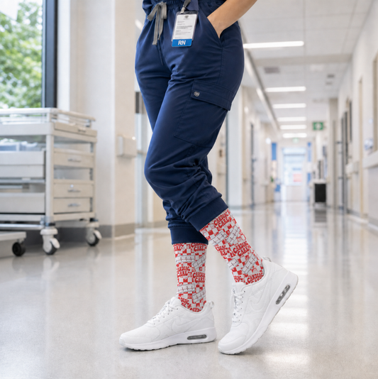Red Checkerboard Cardiac Care Sublimation Socks - Medical Nurse Gift