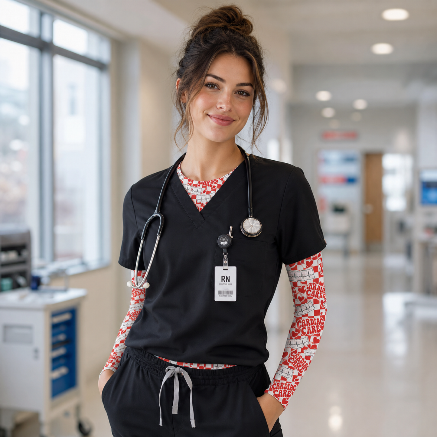 Cardiac Care Underscrub - Retro Checkered EKG Print Long Sleeve V-Neck