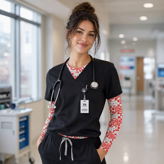 Cardiac Care Underscrub - Retro Checkered EKG Print Long Sleeve V-Neck