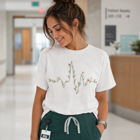 Wildflower Heartbeat Shirt | Botanical EKG Nurse Tee | RN Gift T-Shirt | Minimalist Nurse Shirt | Comfort Colors