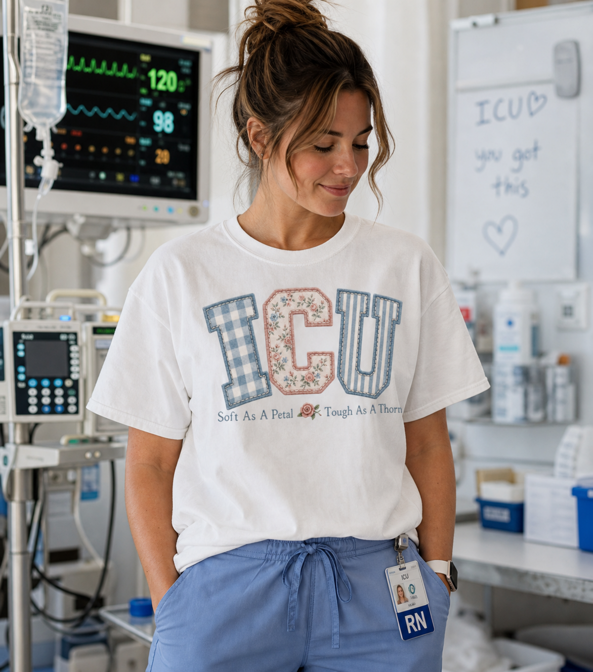 ICU Nurse Shirt | Soft As A Petal Tough As A Thorn | Patchwork Critical Care Tee | RN Gift T-Shirt | Comfort Colors