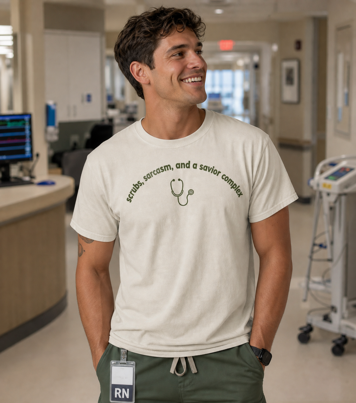 Funny Nurse Shirt | Scrubs Sarcasm and a Savior Complex | RN Gift T-Shirt | Nurse Week Shirt | Minimalist Nurse Humor Tee