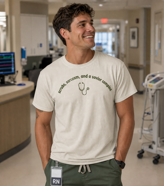 Funny Nurse Shirt | Scrubs Sarcasm and a Savior Complex | RN Gift T-Shirt | Nurse Week Shirt | Minimalist Nurse Humor Tee