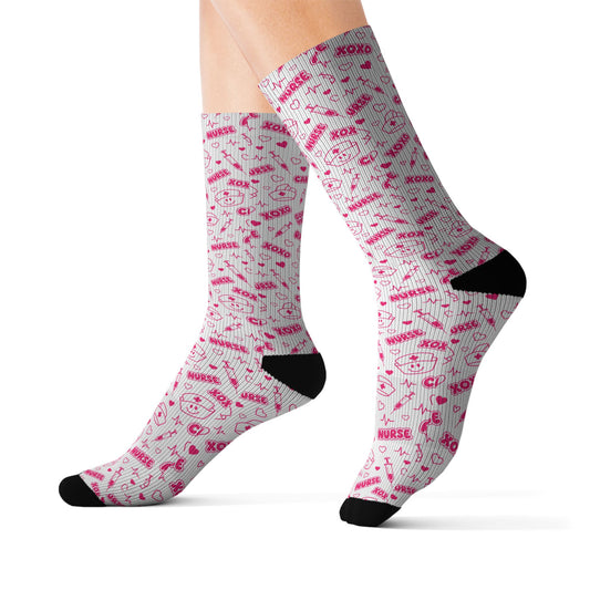 Barbiecore Nurse Crew Socks – Smiley Face Nurse Cap Print, Hot Pink Y2K Novelty Socks, Fun RN Gift for Nurses Week & Nursing Grad