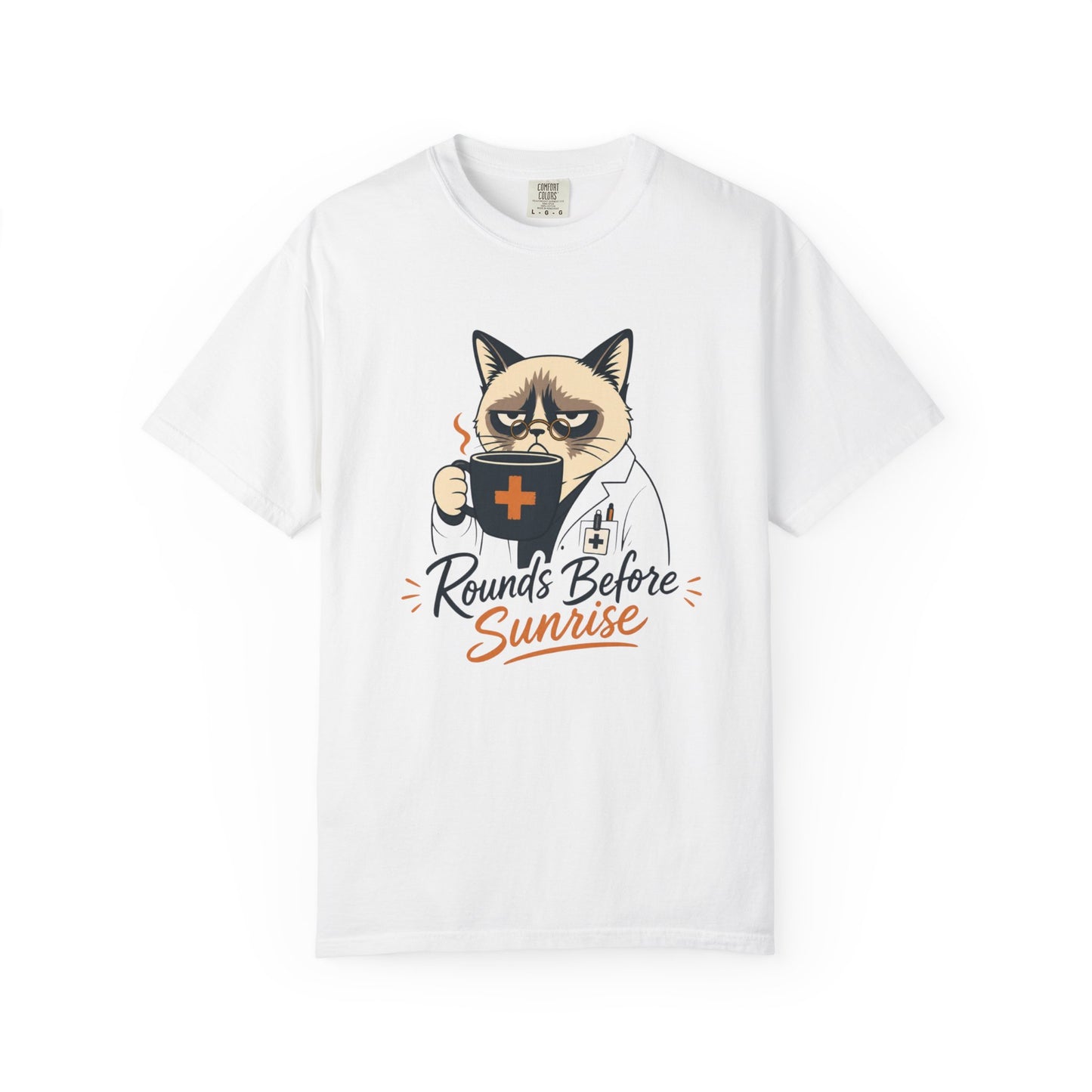 Cat Nurse T-Shirt — "Rounds Before Sunrise" Funny Medical Coffee Tee