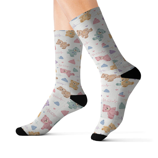 NICU Nurse Crew Socks – Teddy Bear & Heartbeat Line Print, Pastel Rainbow Boho Socks, Neonatal Nurse Gift for Nurses Week & Appreciation