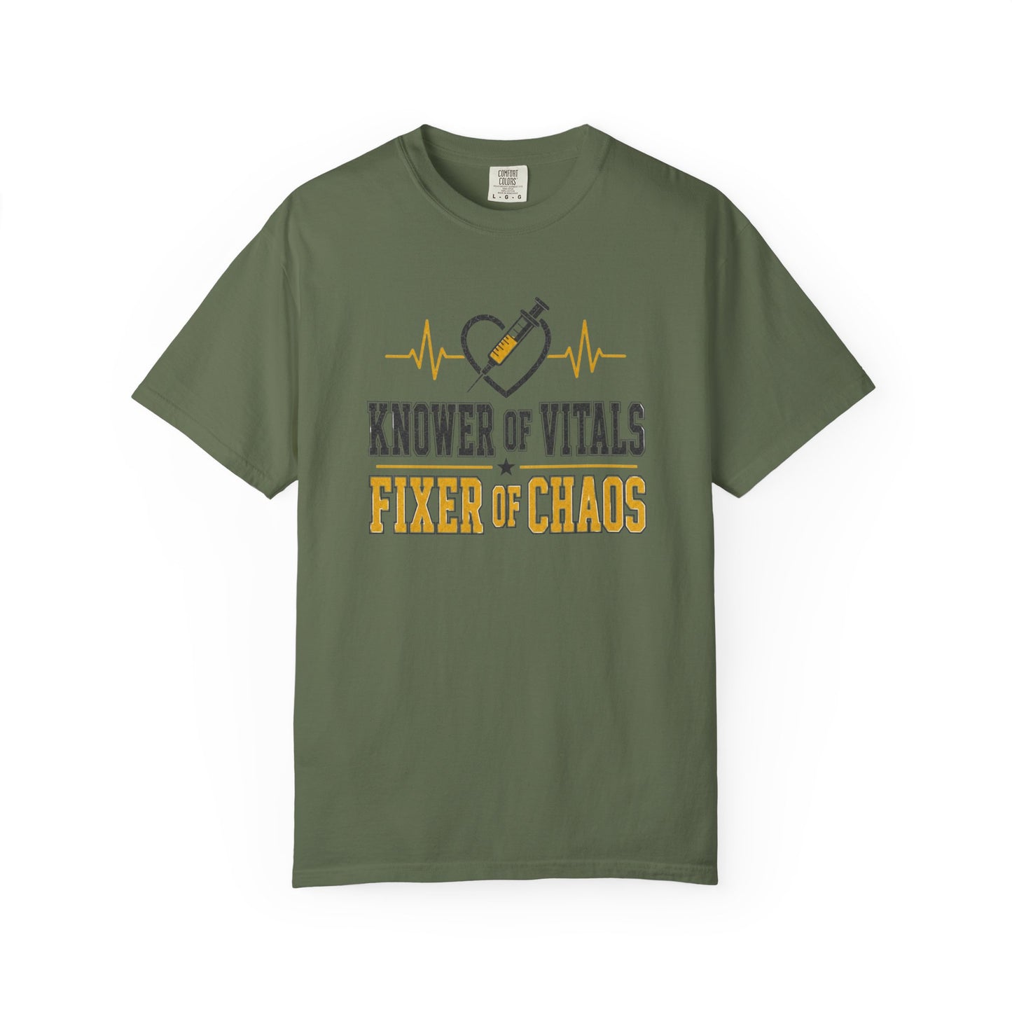 Knower of Vitals, Fixer of Chaos T-Shirt – EMT/Paramedic Heartbeat Tee