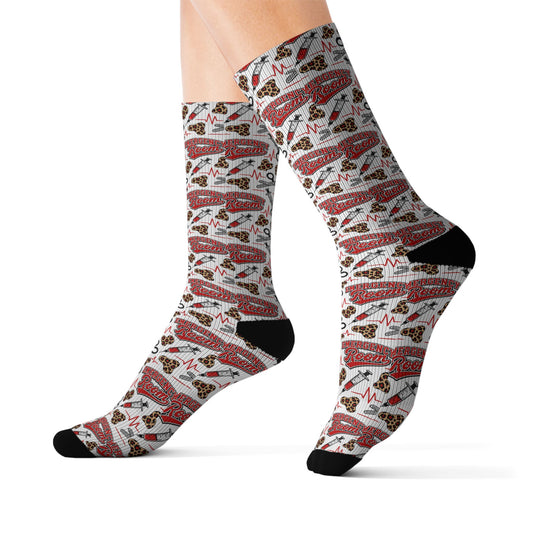ER Nurse Crew Socks – Leopard Print Trauma Shears & Heartbeat Line Print, Bold Red Emergency Room Nurse Gift Socks