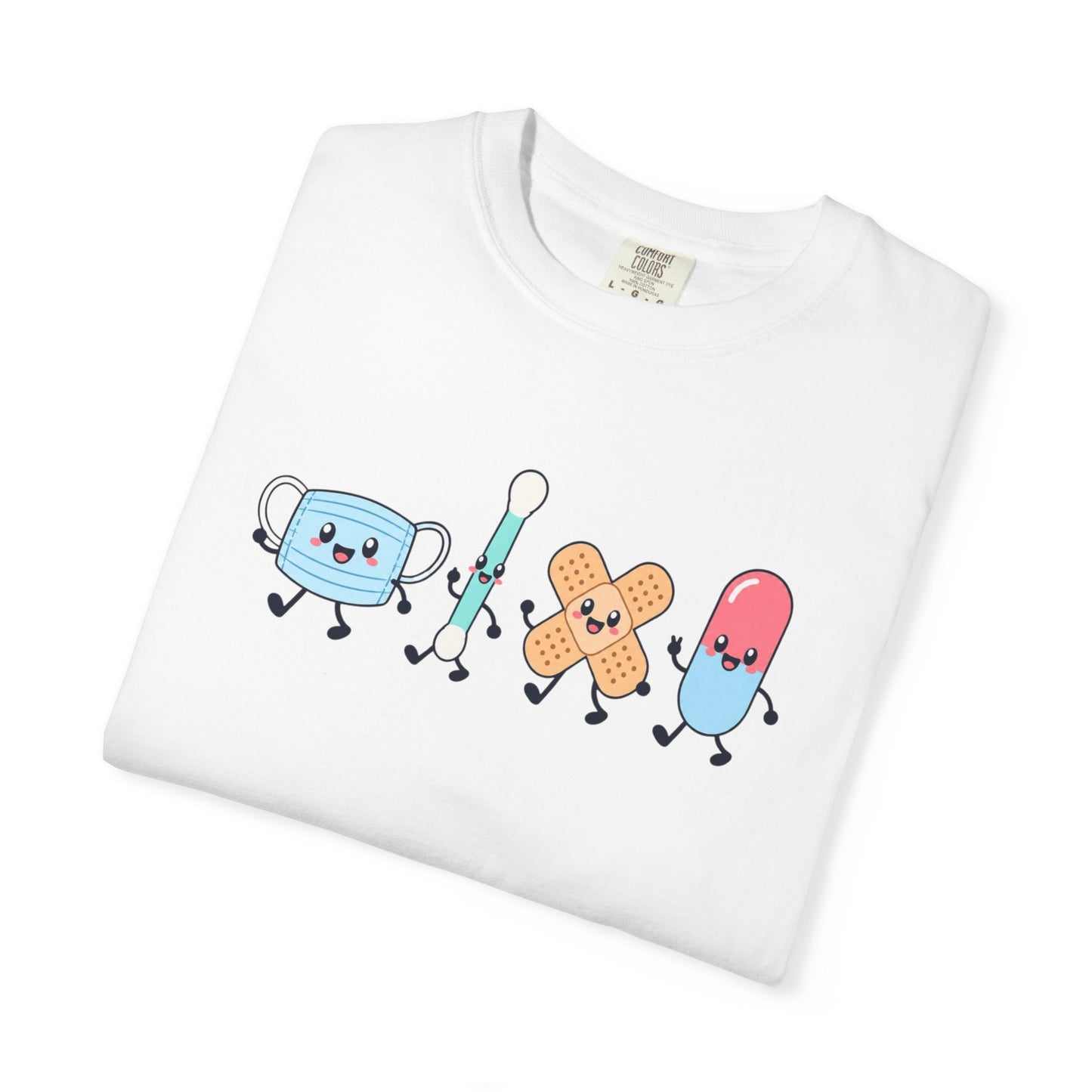 Cute Kawaii Medical Crew T-Shirt — Happy Mask, Qtip, Bandage & Pill Design